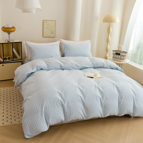 Image of ECOCOTT Gingham Duvet Cover Bedding Set 100% Washed Cotton Linen Like King