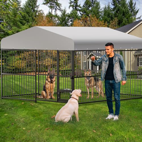 10x10x6 FT Large Dog Kennel Outdoor,Heavy Duty Outdoor Dog Kennel with Roof,with Uv-Resistant Waterproof Roof Covered Dog Cage,Lock,for Medium and Large Dogs,Easy Assembly