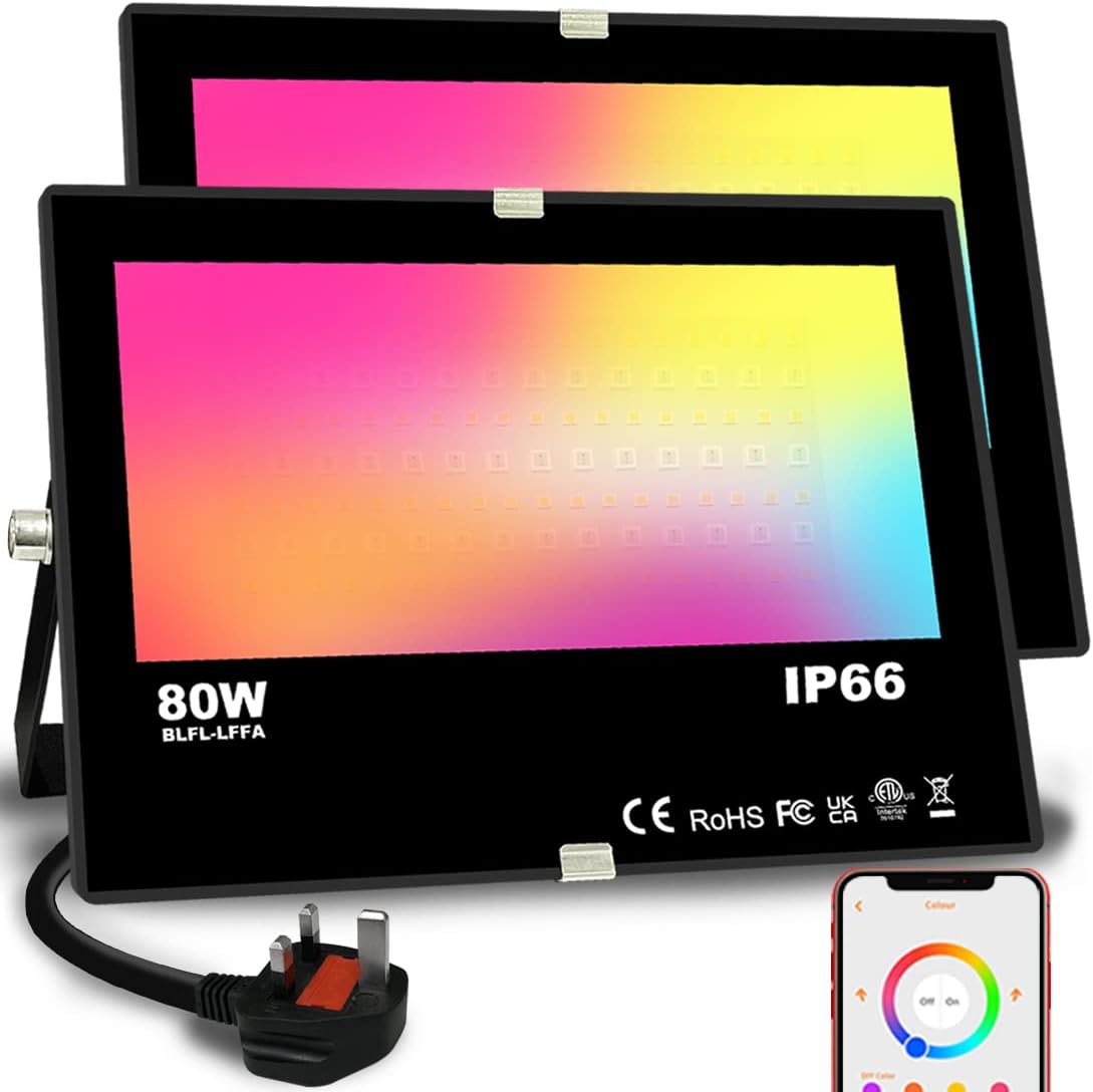 Bhochy LED Floodlight Outdoor 800W Equivalent 8000LM, Smart RGB Flood Lights with APP, Colour Changing - Warm White 2700K - Timing - Scene - IP66 Waterproof, UK Plug, ,2 Pack