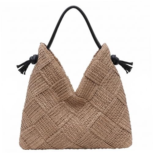 Sac fourre-tout en paille beige avec sangle réglable et finitions en coton tissé