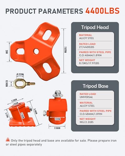 FITHOIST 2 Ton / 4400 Lbs Tripod Set, Heavy Duty Tripod Head,Base Set with 360° Rotating Ring & Anti-Slip Base, Lifting Tripod for Hoist, Puller, Engine Removal, Construction