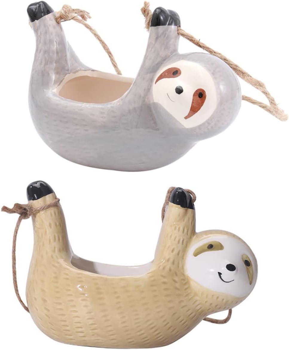 Kisangel 2pcs Sloth Ceramic Hanging Planter Wall-Mounted Holder Flower Pot for Home Decor Material Drainage