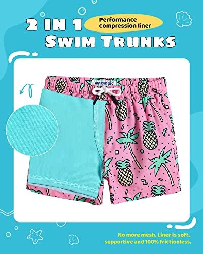 MaaMgic Boys Swim Trunks with Compression Liner Toddler Stretch Quick Dry Swim Shorts Quick Dry 2 in 1 Beach Shorts,Palm Pineapple Pink,Medium(10/12) - 1