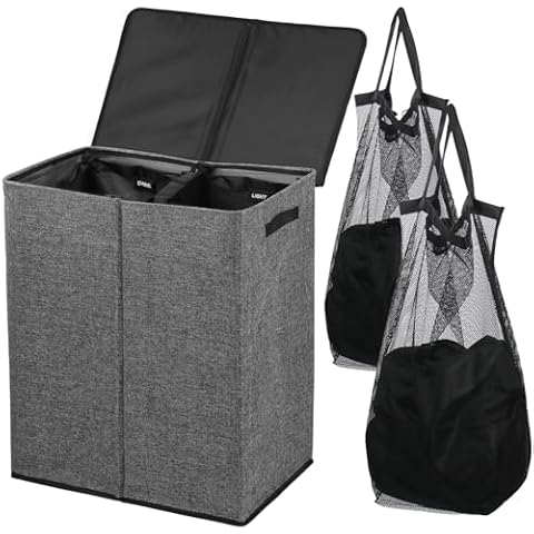 Okaka Double Laundry Hamper 142L with Lid, 2 Compartments Large Laundry Basket Collapsible with Removable Laundry Bags for Bedroom, Laundry Room, Closet, Bathroom,Grey Cover