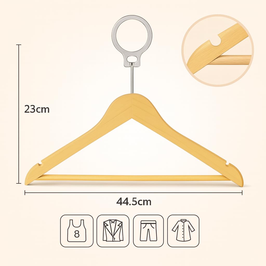 MELA'S Pack de 50 Perchas de Madera antirrobo con Anillo de Seguridad – Solo Desmontables por el Personal – para hoteles y Uso Profesional