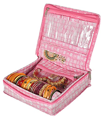 Kuber Industries Check Design Laminated PVC Jewellery Box/Organizer with 4 Transparent Pouch & 1 Bangle/Watch Rod (Pink)-HS_38_KUBMART21278, Pack of 1