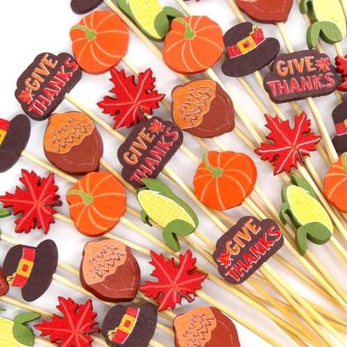 WorldBazaar Thanksgiving Cocktail Picks 120PCS Thanksgiving Toothpicks Fall Food Appetizer Sticks Fruit Harvest Decorations Party Supplies
