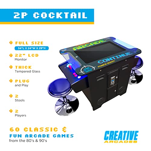 Creative Arcades Full Size Commercial Grade Cocktail Arcade Machine | 2 Player | 60 Games | 22" Lcd Screen |Square Glass Top | 2 Sanwa Joysticks | Trackball | 2 Stools Included | 3 Year Warranty #TOP24