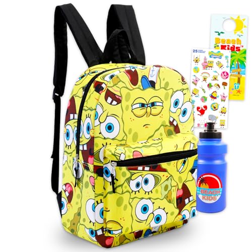 Mochila Bob Esponja para escola – Pacote com mochila de 40,6 cm para meninos, garrafa de água, adesivos, mais | Spongebob Squarepants Mochila escolar para crianças, meninas e meninos