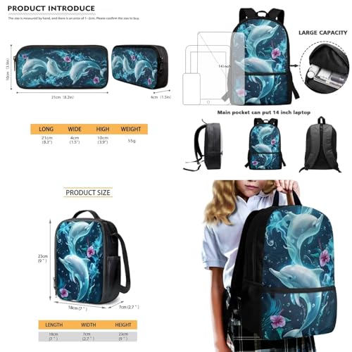 Dolphin Printed Backpack and Lunch Box Set for Kids, Hibiscus Printed Backpack and Pencil Case Set for Primary Middle, 17 Inch Lightweight Knapsack for Travel Picnic4