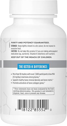 Vista 3 de NBI Osteo-K Bone Support Complejo de vitamina D y K con suplemento de citrato de calcio 45 mg de vitamina K2 (MK4) para una salud y función ósea
