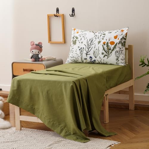 Image of Luxlovery Toddler Comforter Set Floral Botanical Kids Girls Green Leaves Bedding Set Bed Set for Dorm 4 Pieces (1 Comforter, 1 Flat Sheet, 1 Fitted Sheet, 1 Pillowcase)