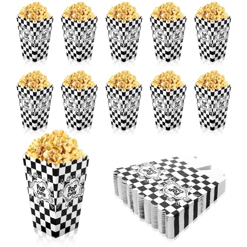 BOXOB 24pcs Black White Checkered Popcorn Boxes, Small Movie Night Popcorn Cups Buckets Cardboard Bowl Party Favor Snacks Bags Containers for Halloween Birthday Party Supplies