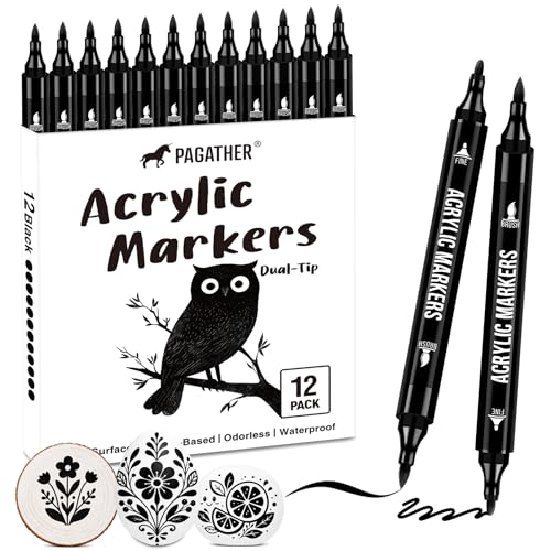 Image of Pagather Black Acrylic Paint Markers, 12 Pack Dual Tip with Fine Tip and Brush Tip Pens for Fabric, Stone, Wood, Canvas, Ceramic, Metal, Glass, Rock Painting, DIY Crafts