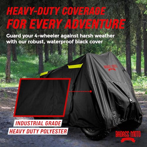 Image of Badass Moto Gear ATV Cover, Heavy Duty Industrial Grade Engineered For All Weather Protection, Waterproof, Night Reflective, Zipper Tank Access From Outside, Storage Bag, Trailer Safe, MEDIUM 85 ' Long | Fits ATVs like Polaris Sportsman 570 & 450 H.O, Suzuki KingQuad 400 & Kawasaki Brute Force 300, easy access zipper