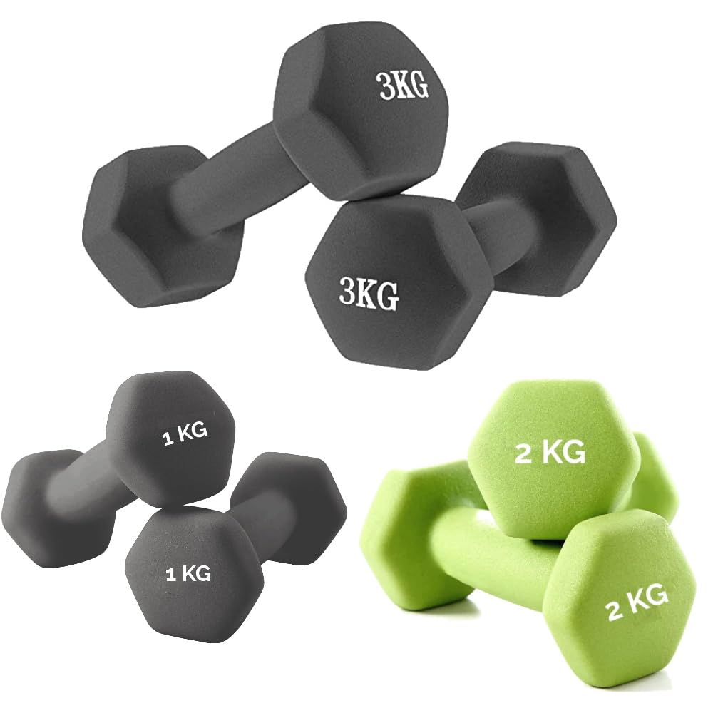 Set di Manubri Esagonali 2 x 1 kg, 2 x 2 kg, 2 x 3 kg in Neoprene Pesi per Esercizi Allenamento Palestra a Casa