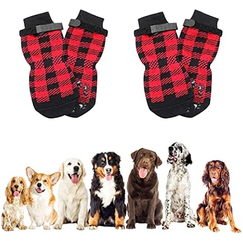 NEWHOMESTYLE 4 PCS Cotton Dog Socks Anti-slip Dog Paw Protector, Adjustable Red and Black Plaid Pattern Dog Cat Pet Paw Socks with Waterproof Rubber Bottom (S) Cover