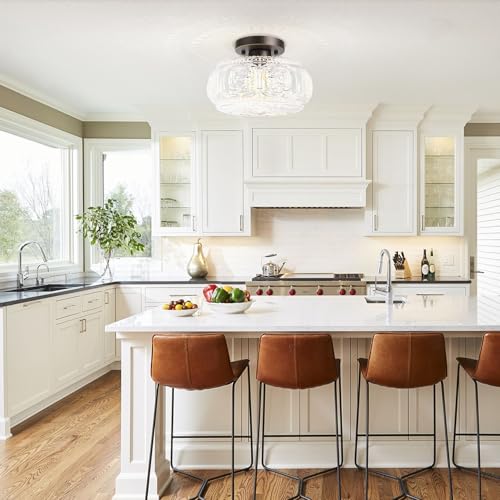 Image of Semi Flush Mount Ceiling Light, Upgraded Larger Bronze Glass Ceiling Light Fixture, Vintage Lighting for Hallway Kitchen Bedroom Dining Room, Bulb Not Included