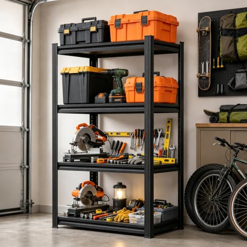 Image of Garage Shelving Heavy Duty Metal Unit 4-Tier 2000 LBS Adjustable Boltless Storage Rack, Organizer for Garage Warehouse Kitchen Basement Workshop Household Supplies, 44 inchH x 19.7 inchW x 13.8 inchD, Black