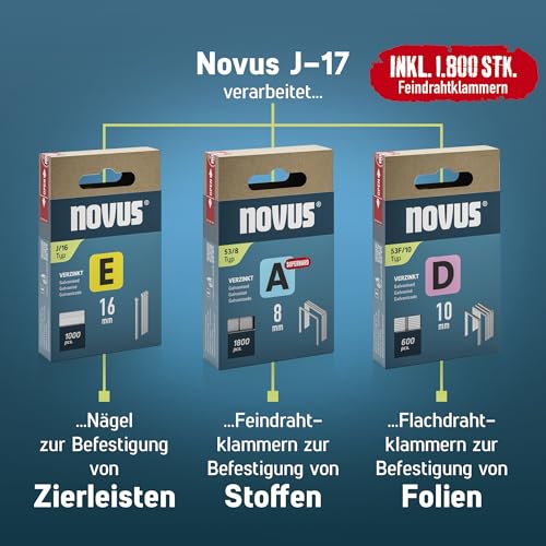NOVUS TOOLS Handtacker J-17 Set mit 1800 Klammern │ 3-in-1 Tacker für Holz, Stoffe und Folien mit ABS-Kunststoffgehäuse │ Für Feindraht- und Flachdrahtklammern 6-14 mm und Nägel 16 mm