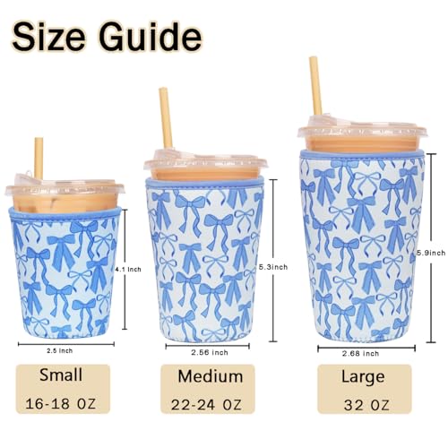 Image of Reusable Insulated Sleeve for Iced Coffee Cup, Coffee Neoprene Sleeve for Cold & Hot Drinks, Beverage Holder for Iced Coffee (Blue Bows, Large: 32oz)