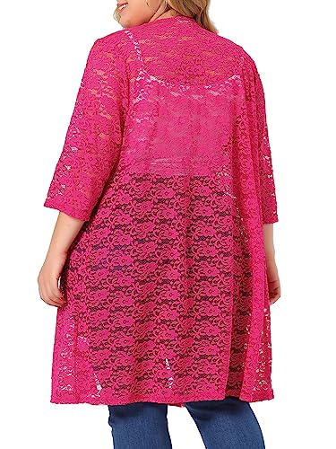 Image of Agnes Orinda Plus Size Cardigans for Women Lace Cardigan Lightweight Crochet 3 /4 Sleeve Cover Up Jacket 4X Hot Pink