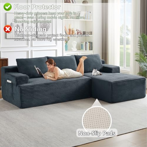 Image of 96 inch Modular Sectional Sofa, Modern Corduroy Cloud Couch, Boneless Couch Upholstered 3-Seater L-Shaped Sofa for Living Room, No Assembly Required (Dark Grey, Right-Facing Chaise)