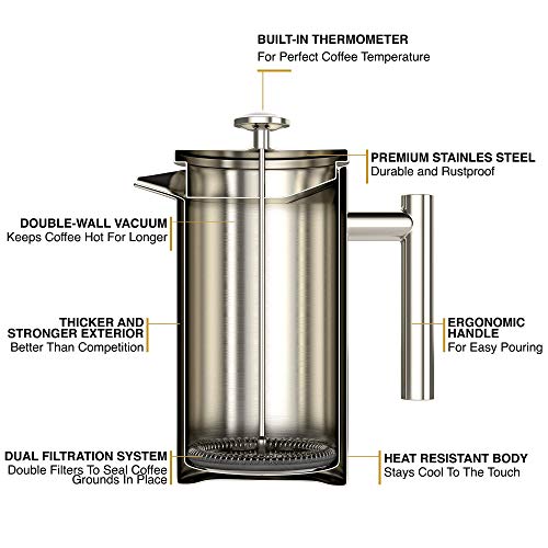 Barista Warrior Insulated Stainless Steel French Press with Thermometer - For Home Office Coffee Maker - Kitchen Appliances & Coffee Bar Accessories (1.0L, 34 fl oz, Silver) - Thumbnail 3