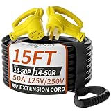 PlugSaf NEMA 14-50P/14-50R 15 FT 50 Amp RV/EV Extension Cord Outdoor with Grip Handle, 4 Prong Flexible Heavy Duty STW RV Power Cord Waterproof, 50A 125/250V 6250/12500W, Black-Yellow, ETL Listed