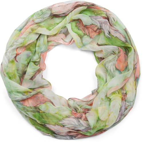 styleBREAKER Écharpe à boucle pour femmes avec motif de plumes colorées, écharpe tube bohème légère et estivale multicolore 01016239, couleur:Vert-orange