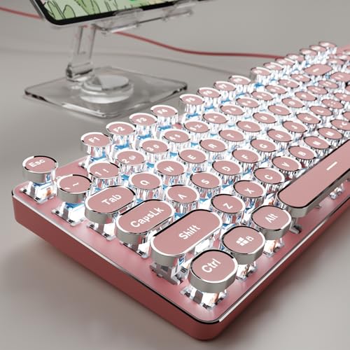 SEUNKWANG Typewriter Style Mechanical Gaming Keyboard with White Backlit Wired Retro Punk Computer Keyboard Durable Metal Panel Clicky Blue Switch Round Keycaps Full-Size for PC/Desktop/Win Pink
