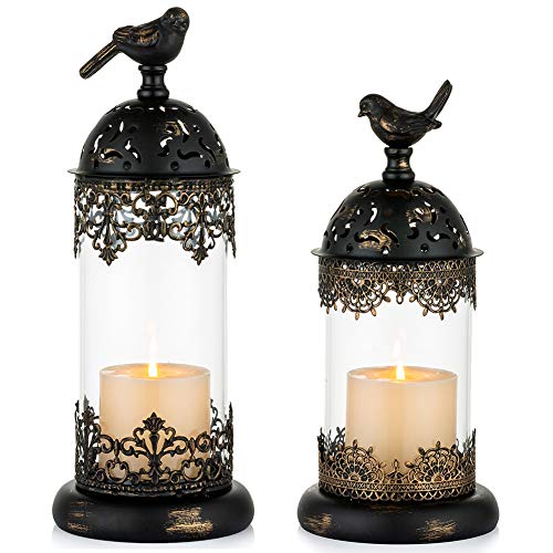 Nuptio Vintage Pillar Candle Holders Moroccan Wrought Iron Hurricane Candle Holder Ornate Centerpiece For Mantlepiece Decorations, Candlestick Holders For Table Living Room Balcony Garden, 2 Pcs #TOP4