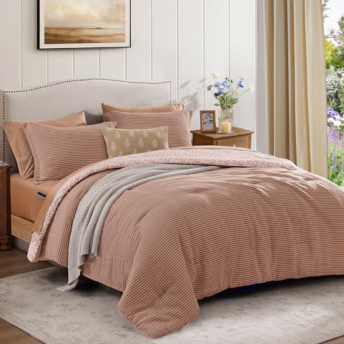 Image of BLOOMHAVEN Full Comforter Set - 7 Pieces Autumn Leaf Bedding Sets for All Seasons, Lightweight Breathable Bed in a Bag Full with Revesible Farmhouse Comforter, Sheets, Pillowcases & Shams
