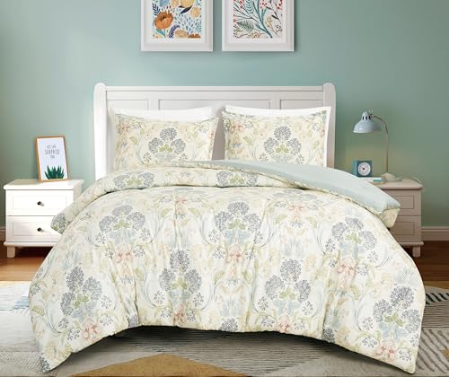 Chezmoi Collection Alyssa 3-Piece Boho Floral Comforter Set, Queen - Floral Medallion Multicolor Blue Green Red Yellow White Printed Microfiber Lightweight Bedding Set
