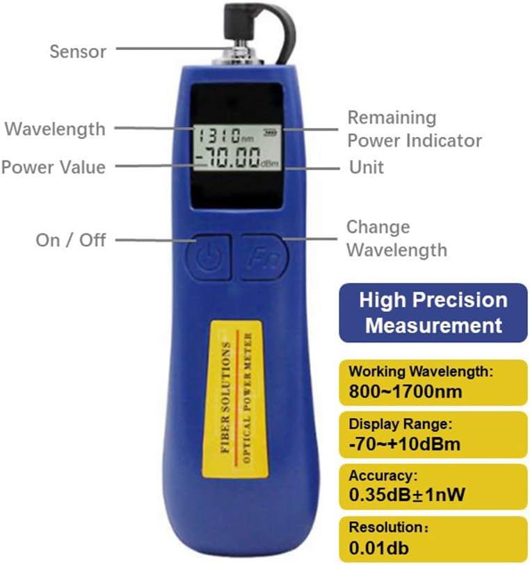 Qiirun Optical Power Meter -70~+10 dBm Fiber Light Meter for Testing 6 Calibrated Wavelengths, 68g Light Weighted