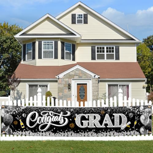 Image of 2026 Graduation Decorations-Black and Silver Congrats Grad Yard Sign Banner Decoration for Class of 2026 Graduation Party Supplies