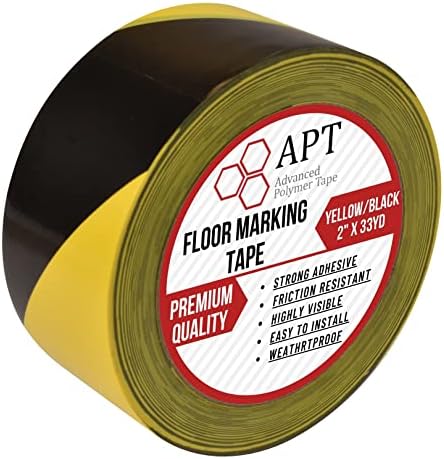 APT Premium Black and Yellow Striped Vinyl Floor Safety Marking Tape, Excellent for Hazard Caution& Warning, Social Distancing, Warehouse & Gym Floor (2 Inch, Yellow/Black)