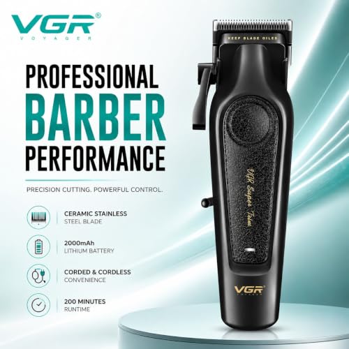 Image of VGR V-197 Professional Hair Clipper for Men | 7000 RPM High-Speed Motor | 200 Min Runtime | 2000mAh Lithium Battery | Ceramic & Stainless Steel Blade | USB Type-C Charging | LED Display | Adjustable Taper Lever | Corded & Cordless | 6 Guide Combs