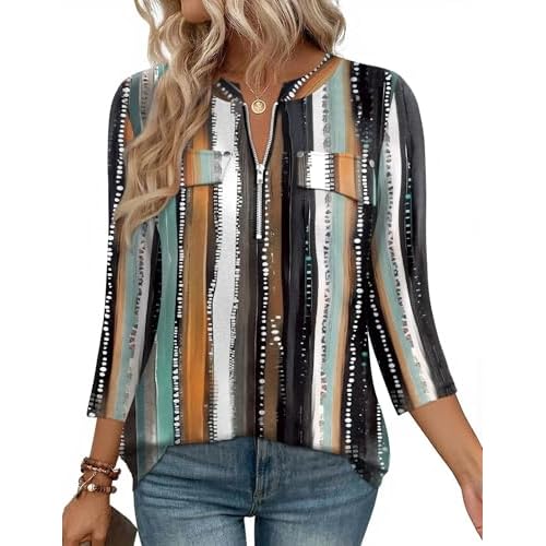 LOMON 3/4 Length Sleeve Womens Tops Business Casual Zip Front V Neck Shirt Loose Fit Work Tunic Blouse