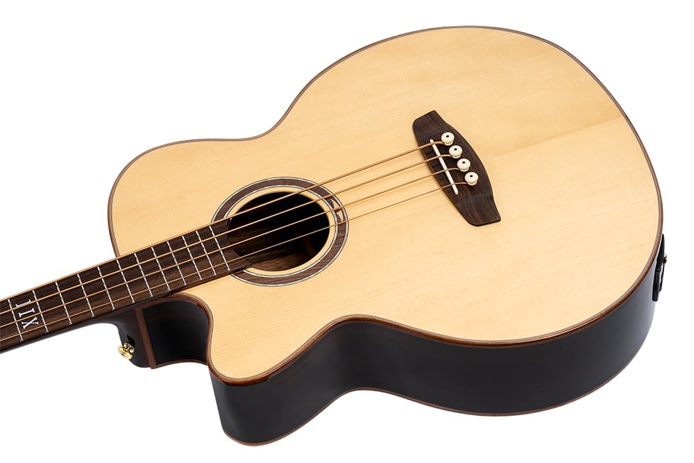Ortega Guitars Bass Elektro-Akustisch Linkshänder – Medium Scale, mit Cutaway, Armrest – The Private Room Series – Massive Alaska Fichte / Gestreiftes Ebenholz, Hochglanz Natur (STRIPSU.ACB-L)