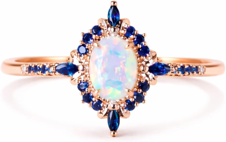 Opal Halo Ring for Women, Oval Opal Engagement Ring with Blue Sapphire Accents, Vintage Gold Promise Ring