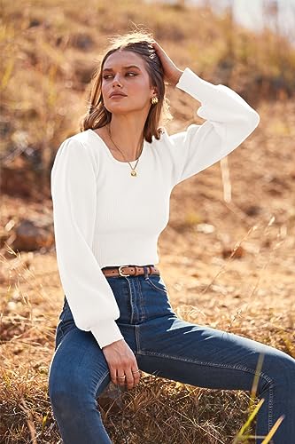 Image of MASCOMODA Womens Puff Long Sleeve Ribbed Sweater Bodysuits | Fall Winter Outfits 2026, Crewneck Knitted Bodysuit Dressy Casual, Cute Slim Fit Pullover Tops, Work, Date, Dress Up & Down