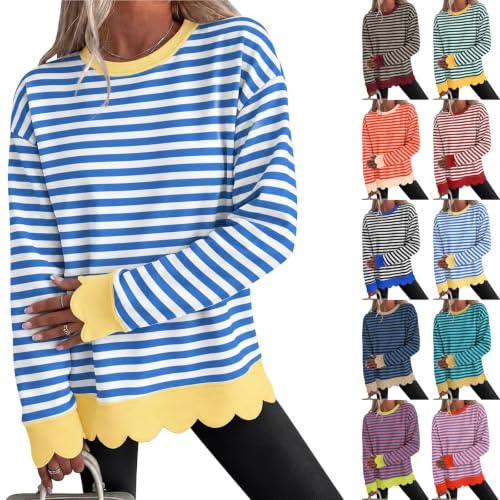 Womens Striped Sweatshirt Cotton Scalloped Hem Color Block Pullover | Women Clothes Trendy 2026, Round Collar, Scalloped, Cozy, Weekend, School, Casual, Work, Travel, Layering, Going Out - image 1