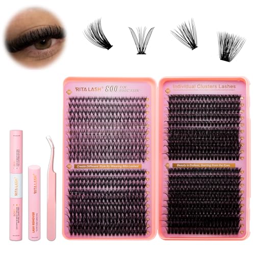 RITALASH Lash Extension Kit DIY Lash Clusters 800pcs Cluster Lashes Individual Lashes Book Set Eyelash Extension Kit with Lash Bond and Seal,Lash Remover,Lash Tweezers(20D+40D+60D+100D Kit,8-16mm)