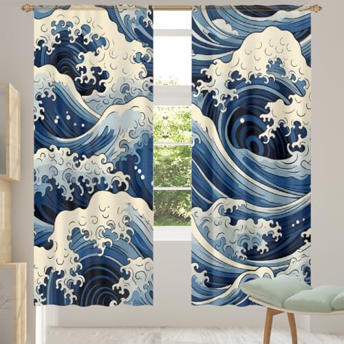 Mexpekil Semi Sheer Curtains, Ocean Wave Light Filtering Voile Drape, Lightweight Window Panels for Living Room, Bedroom, Kitchen, 140x 198cm