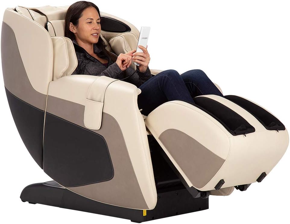 sebelah view of the Human Touch SANA massage chair, illustrating the S- and L-track roller system that follows the body's natural curves from neck to glutes.