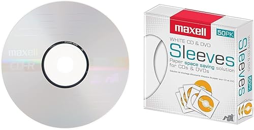 Maxell MAX648250 & 190135 Fundas protectoras de plástico transparente fino para CD y DVD de fácil almacenamiento, color blanco, paquete de 50 (papel)