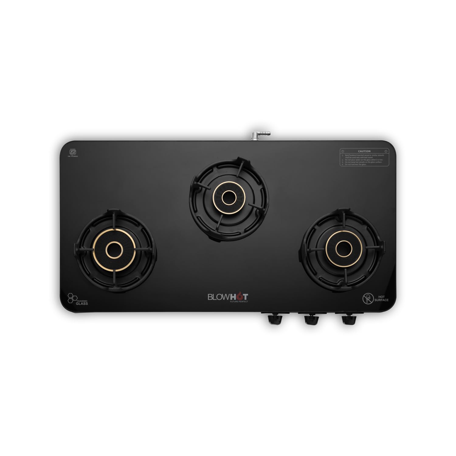 BLOWHOT Premium Design Sapphire 3 Burner Manual Slimmest Gas Stove, Aluminium Frame, Built-in Glass Design Cooktop, 1 Year General Warranty By Blowhot (Burner, Gas Valve and Glass - 5 Years) - Black