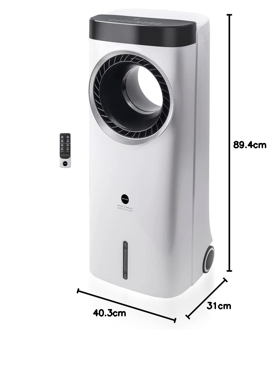 MACOM, Raffrescatore evaporativo senza pale con ventilatore centrifugo, Flusso D'Aria 7 m3/min, Enjoy & Relax 984 Bladeless Cyclone