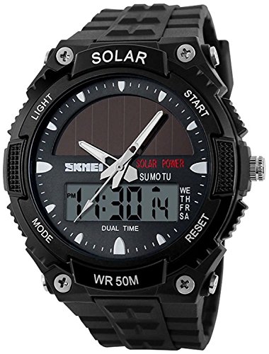 Fanmis Men's Solar Powered Casual Quartz Wrist Watch Analog Digital Multifunctional Black Sports Watch (Black) #TOP2
